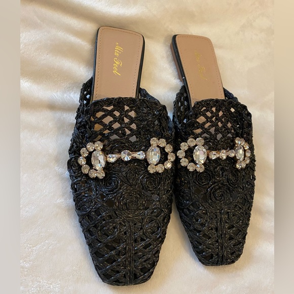 Black  Flat slip-on mule sandals with sparkly jewelry - Picture 1 of 9